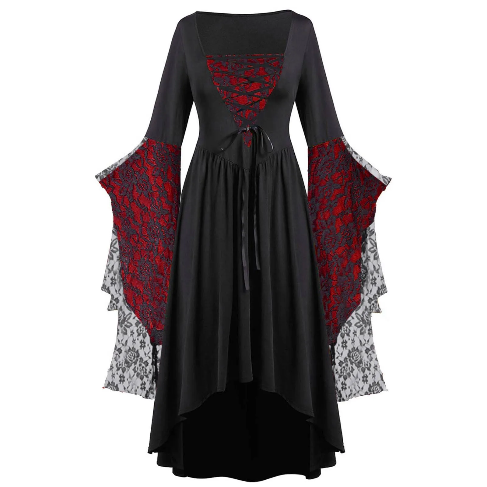 Gothic Halloween Vintage Damenkleider mit ausgestellten Ärmeln, lang, Übergröße, Hexen-Vampir-Kleid mit Netzstoff und Ausschnitten, Rave-Party-Bühnenrequisiten – Detail 6