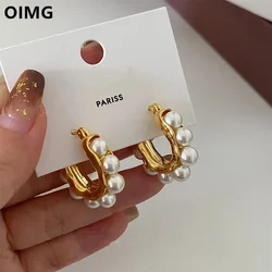 OIMG 316L Stainless Steel Gold Plated Temperament Gorgeous Imitation Pearl Hoop Earrings For Women Christmas Gift Waterproof