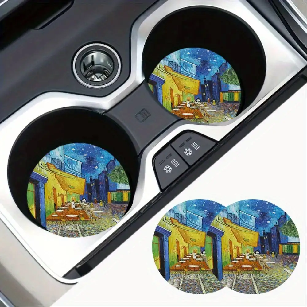 Starry Sky & Street Oil Painting Car Coasters Non-Slip Shock-Proof Universal Fashion Car Coaster