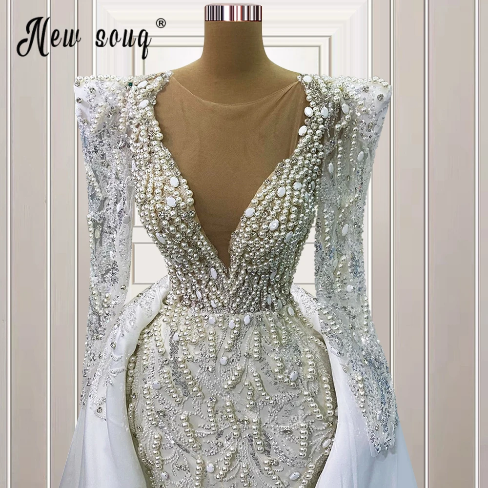 Dubai Luxo 2 em 1 Vestido De Noiva Com Manga Longa Do Cabo 2023 Pérola Rendas Beading Vestidos De Noiva Plus Size para Mulheres Custom Made