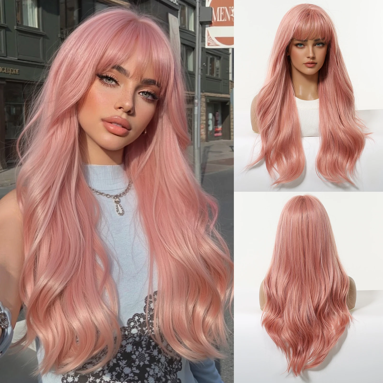 Platin 613 Blonde Perücke, lange gewellte synthetische Perücke mit Pony, lockig, gemischt, golden, für Frauen, Cosplay, Party, täglicher Gebrauch, hitzebeständig