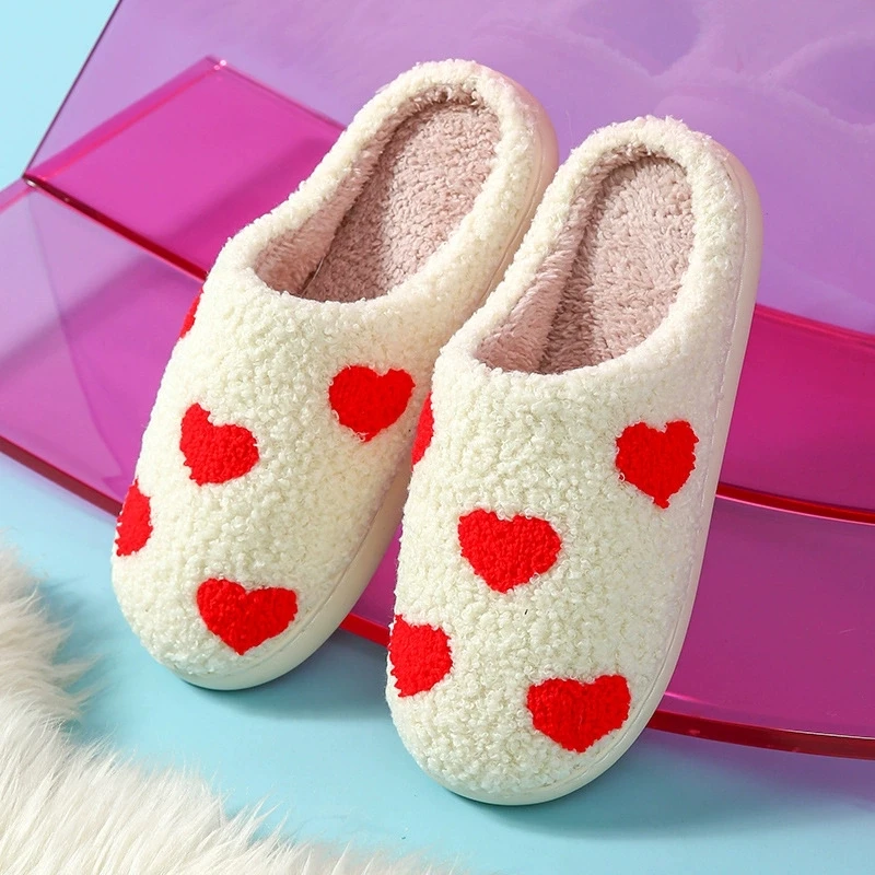 Chic Mix Color Women's Cotton Slippers Winter 2025 Flat Heel Indoor Anti Slip Fur Slippers Woman Rainbow Heart Print Home Slides