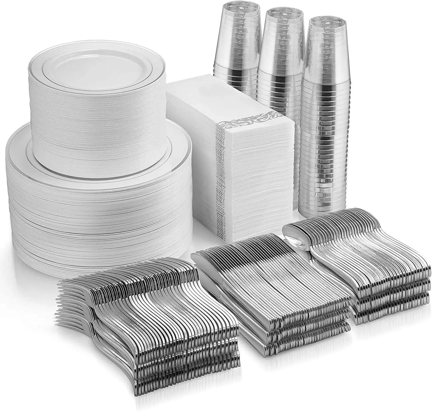 

200 Rim Plates - 300 Silverware - 100 Cups - 100 Linen Like Silver Napkins,100 Guest Disposable Dinnerware Set