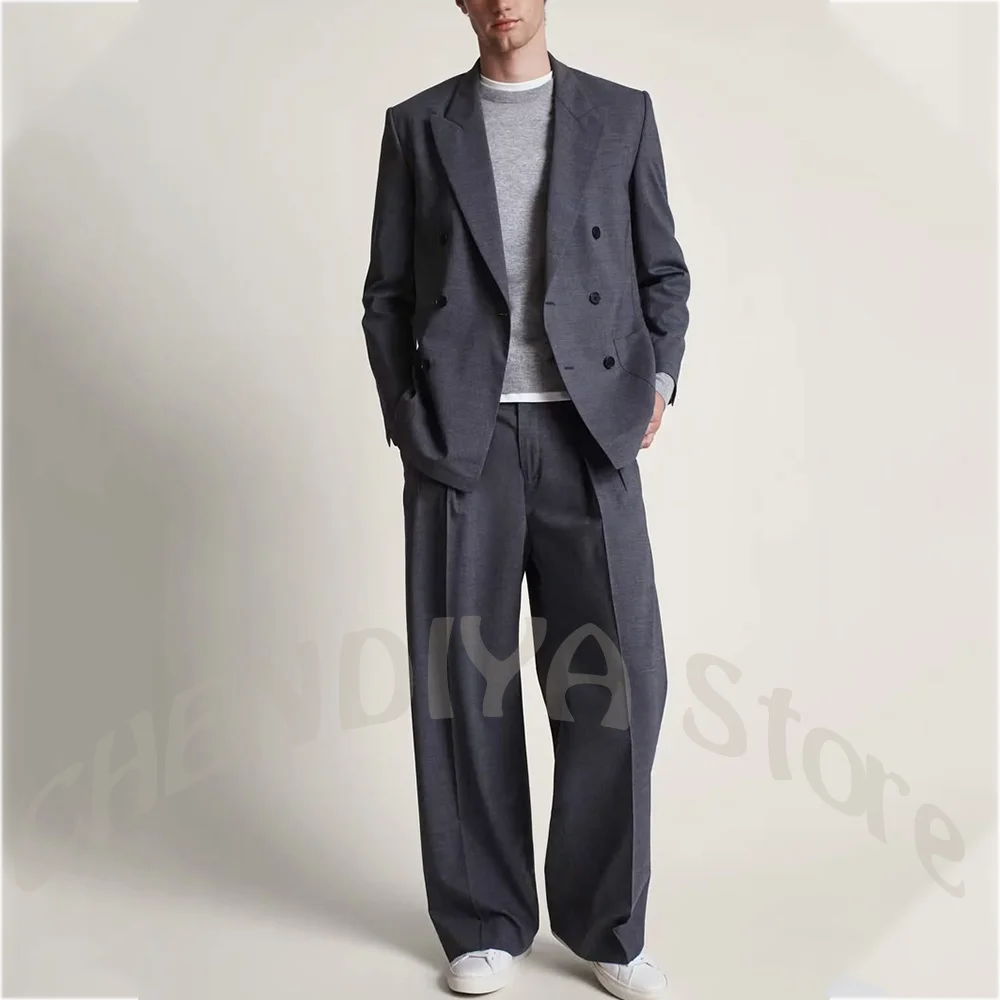 

Men Suit Set Old Money Style Double Breasted Peak Lapel Blazer Pants 2 Pieces Grey Outfit Business Casual Streetwear Party Male
