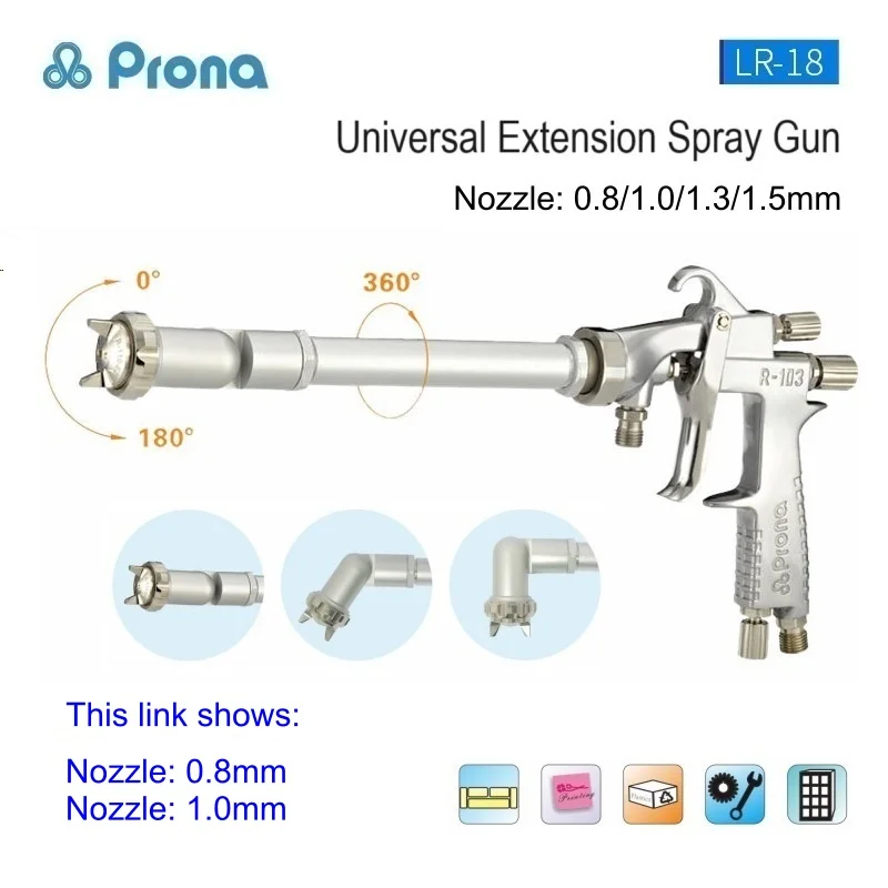 Prona Universal Extension Paint Spray Gun  LR-18 Inner Wall Long Tube Spraying Nozzle 0.8/1.0mm Length 50/150/300/500/800mm