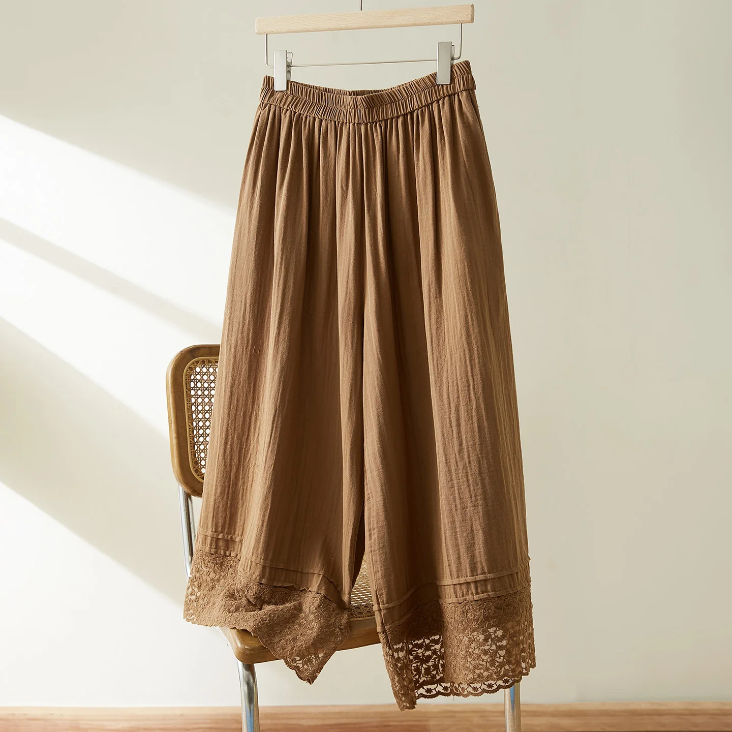 

Женские летние свободные брюки Cotton on Coffee с широкими штанинами, длиной 7/8, с кружевной отделкой и вырезами, повседневные, Ele Sle Hi...