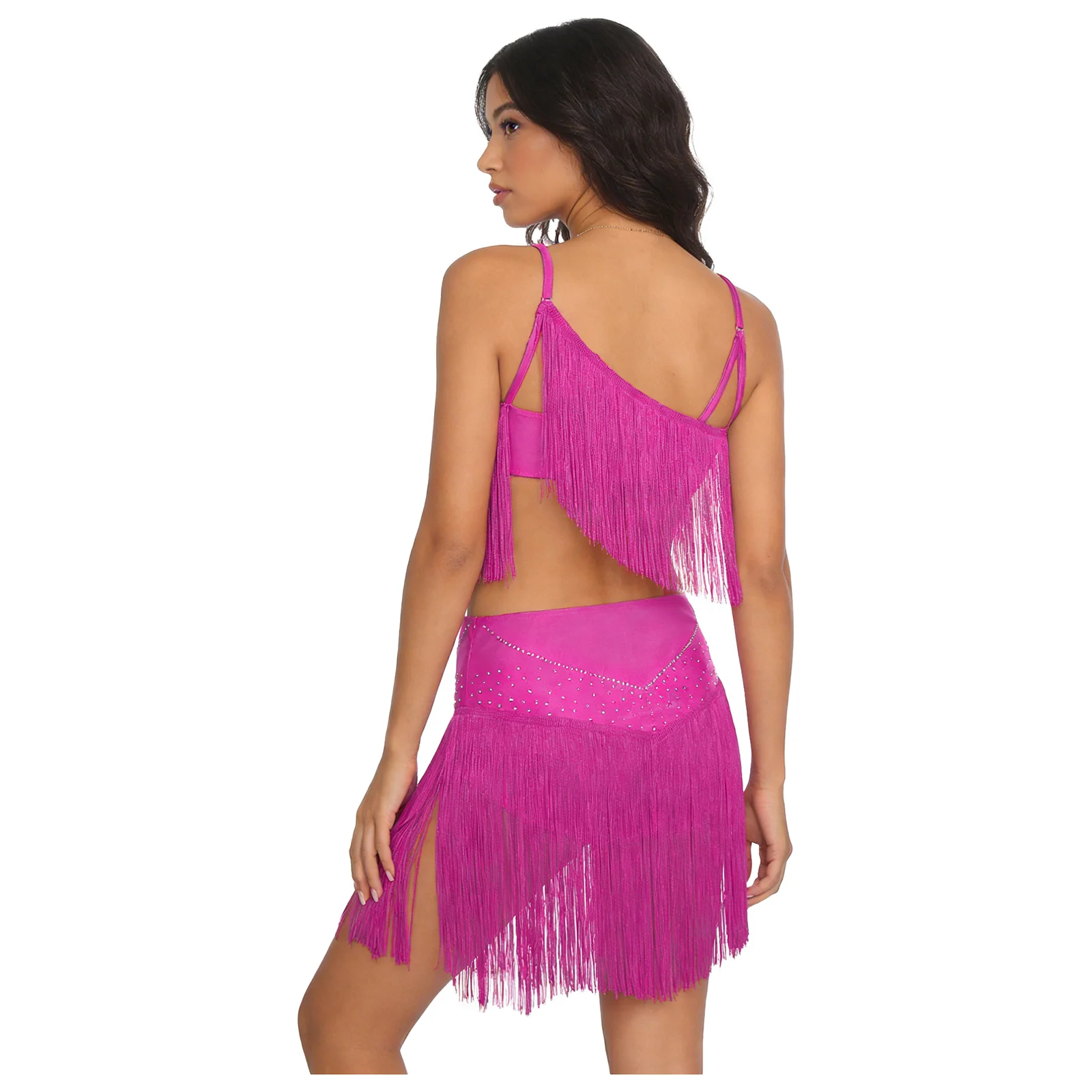 

Women Latin Tango Dance Fringe Dress Shiny Rhinestone V Neck Tassel Leotard for Cha-cha Rumba Samba Ballroom Dancing Performance