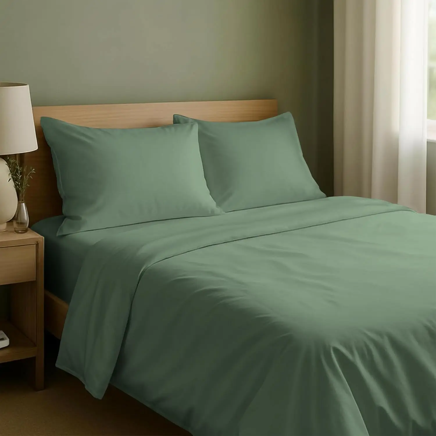 

Комплект постельного белья Queen Size из 100% натурального хлопка, с глубокими карманами, мягким сатиновым плетением, дышащий и прочный, цвет шалфейно-зеленый
