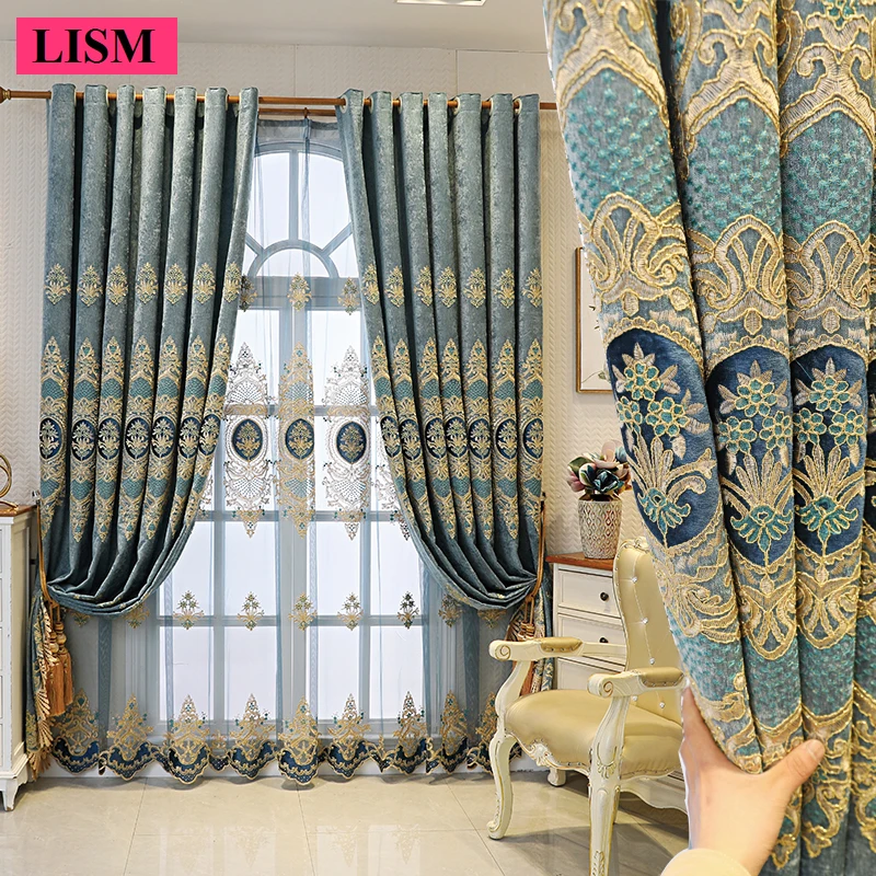 New Luxury Embroidered Curtains for Living Room and Bedroom Hall Blackout European Style Window Lace Blue Tulle Customization