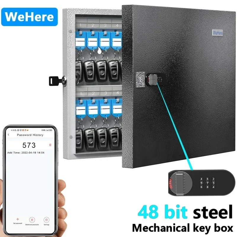 WeHere Key Lock Box Wall Mounted (48 Keys), Roller Mechanical Password Lock,key Cabinet with Combination Lock and 48 Key Labels