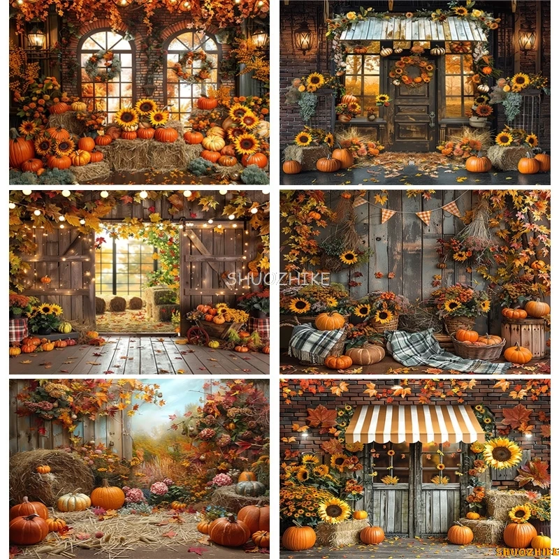 

Autumnal Pumpkins Farm Photography Backdrops Props Halloween Fall Field Maple Leaf Scarecrow Fence Photo Studio Background FM-04