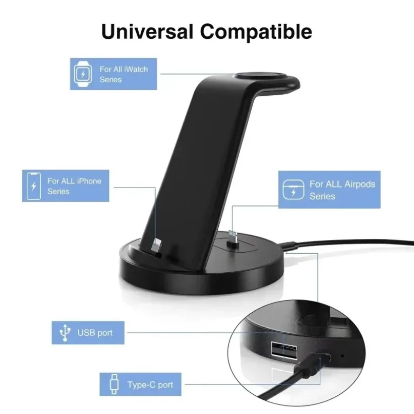Portable Wireless Charger For iPhone Apple Watch AirPods 4 In 1 Stand Fast Station Dock USB Safe Black White Case view 3