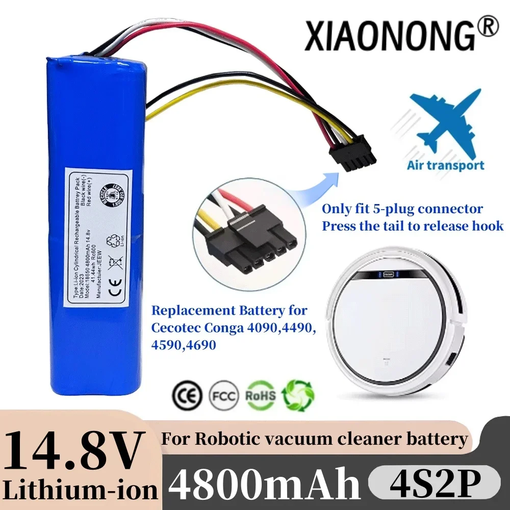 

18650 4S2P 14.8V 4800mAh Li-ion Battery 14.4v For CECOTEC CONGA 4090 4490 4690 4590 Robot Vacuum Cleaner