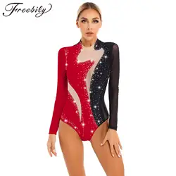 Womens Rhinestone Sheer Mesh Long Sleeve Ballet Dance Bodysuit Patchwork Gymnastics Leotard Acrobatics Figure Skating Jumpsuit