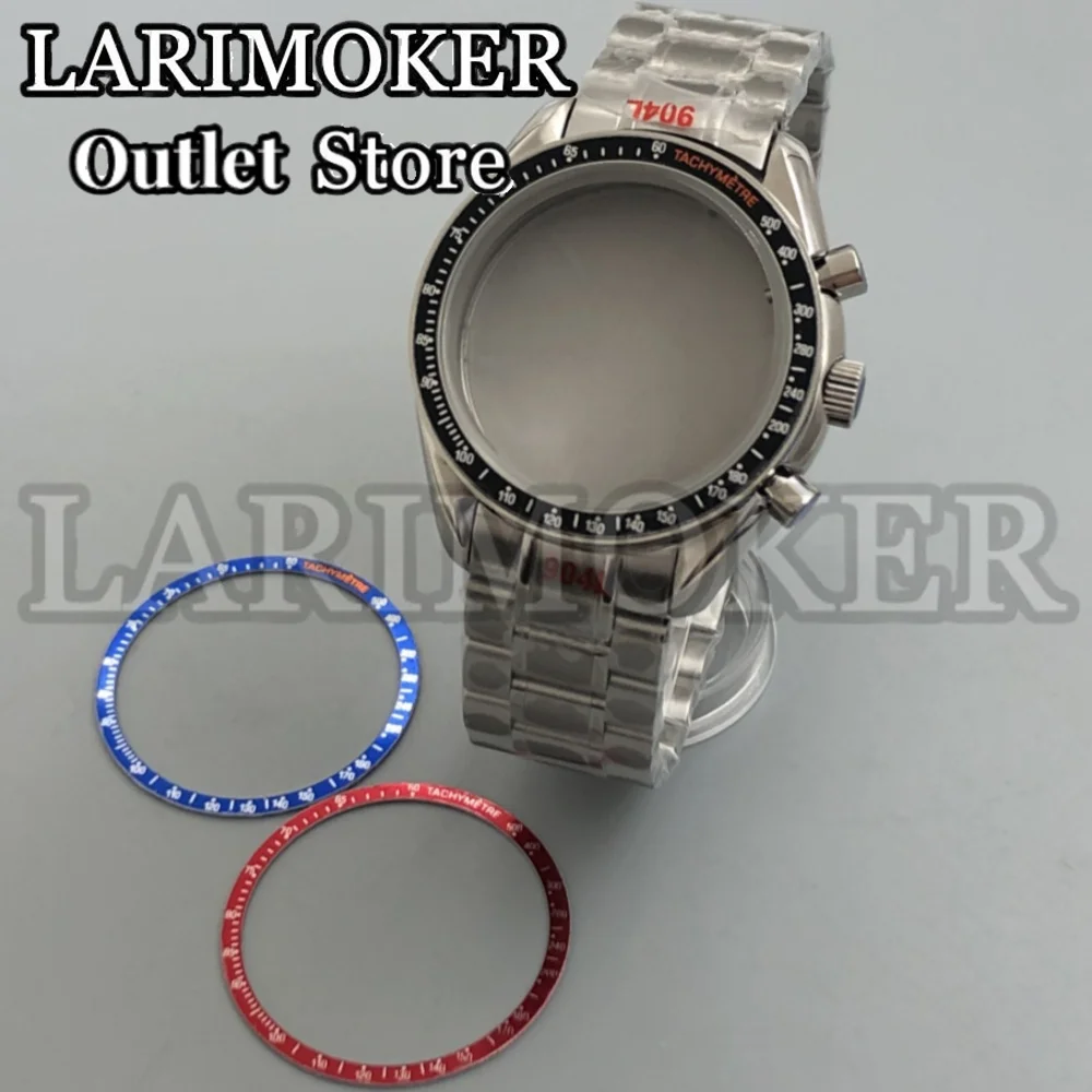 LARIMOKER 40mm Silver Watch Case Sapphire Glass fit VK63 VK64 movement Stainless Steel Bracelet Clasp Watch Accessories set