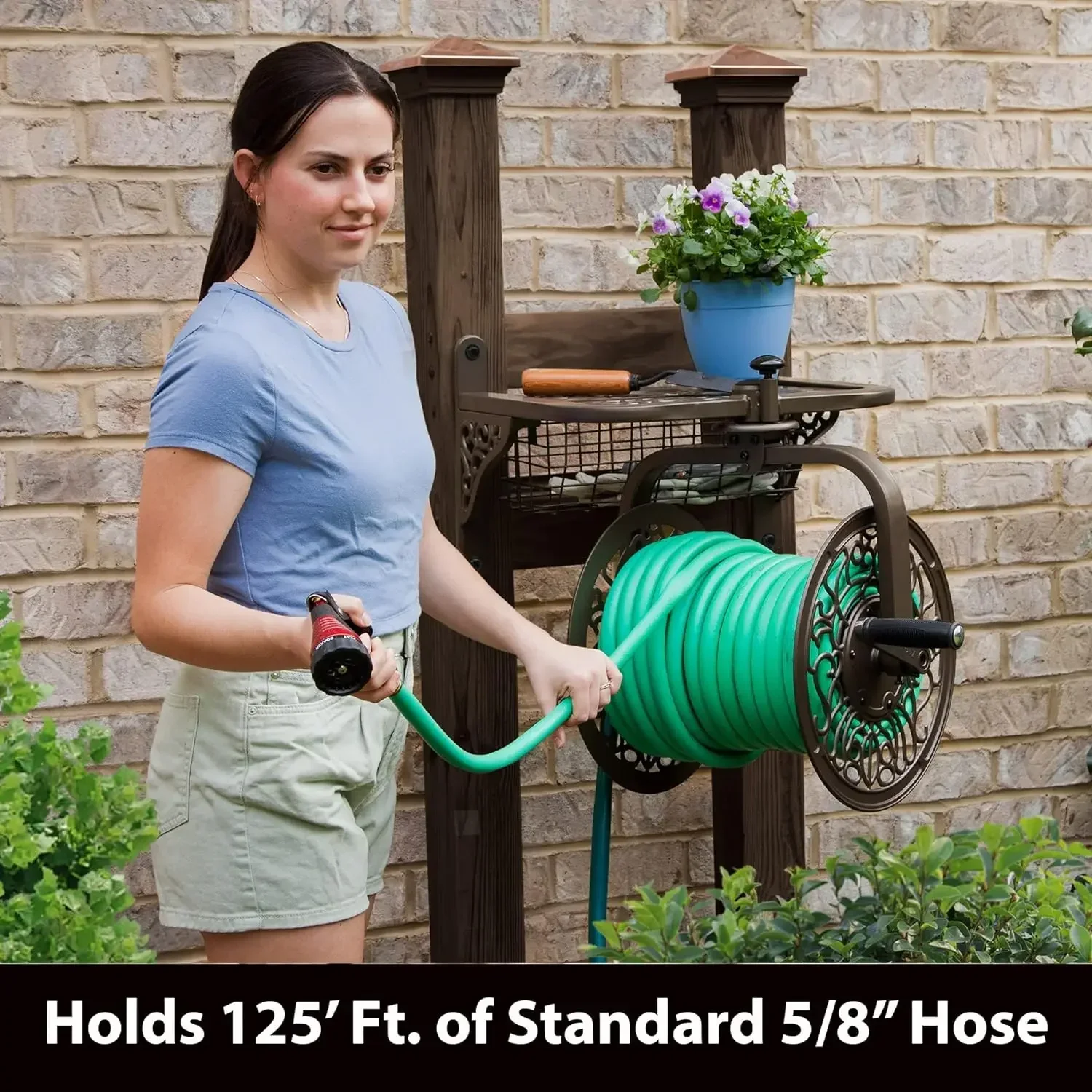 FREE SHIPPING. 714 Decorative Cast Aluminum Navigator Rotating Garden Hose Reel, Holds 125-Feet of 5/8-Inch Hose -