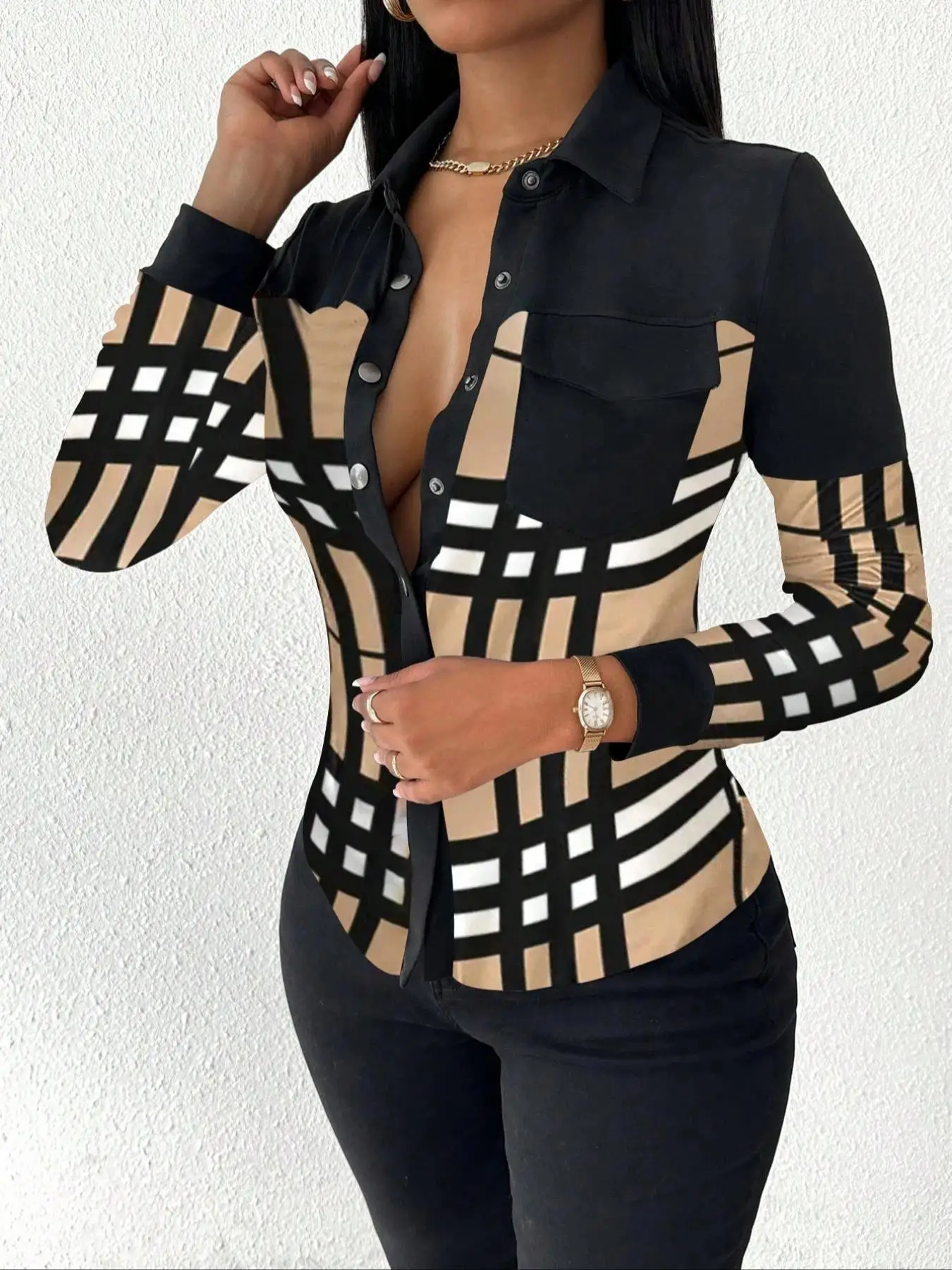 

Plus Size Women's Plaid Patchwork Long Sleeve Shirt, Casual Fashion Top, Comfortable and Stylish, Perfect for Daily Wear