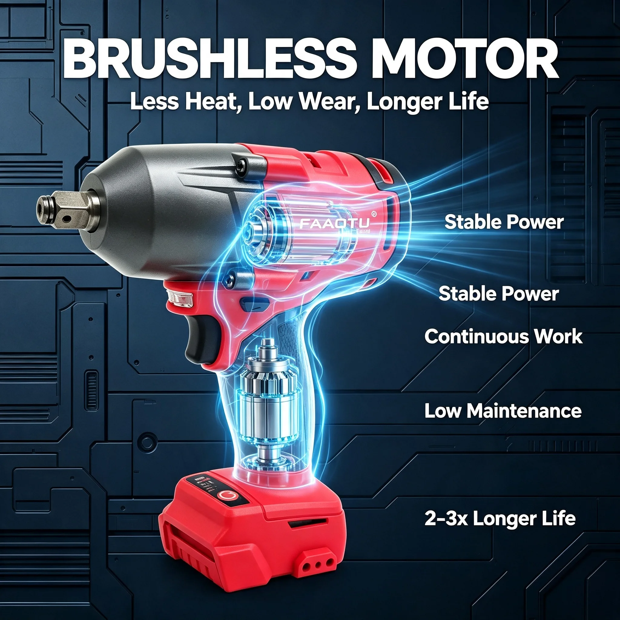 FAAOTU 900Nm High Torque 2000RPM Brushless Cordless 1/2 Inch Impact Wrench, Heavy Duty Power Tool