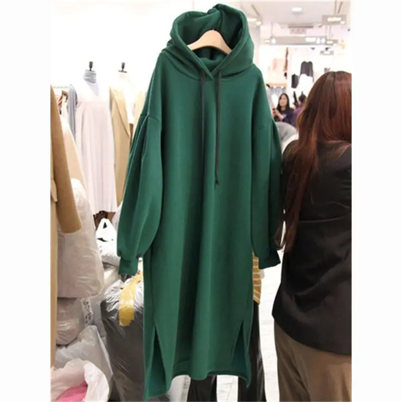 

Ladies Hooded Long Down Dresses Brushed Hoodie Pullover Sweatshirts Korean Style Women's Loose Long Dress Retro Street Outwear