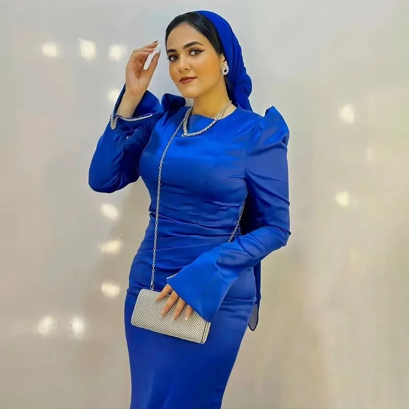 Flora Dress Elegant Blue Satin O-Neck Muslim Mermaid Prom Dresses Party Evening Gowns Long Sleeves For Women فساتين السهرة