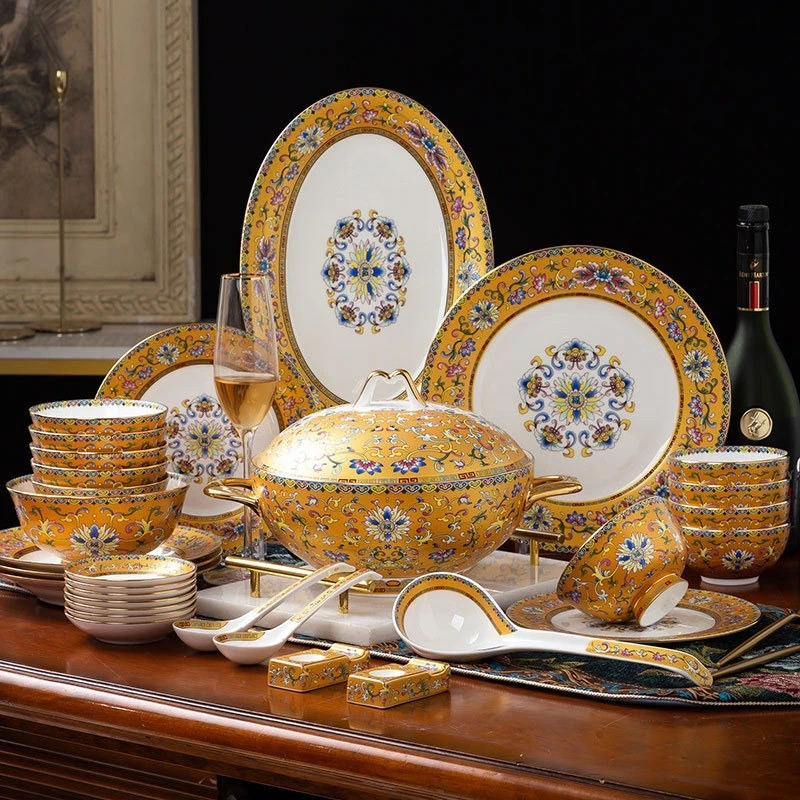 

High-end new Chinese enamel color drawing bone china tableware set, a full set of light luxury high-end business gifts