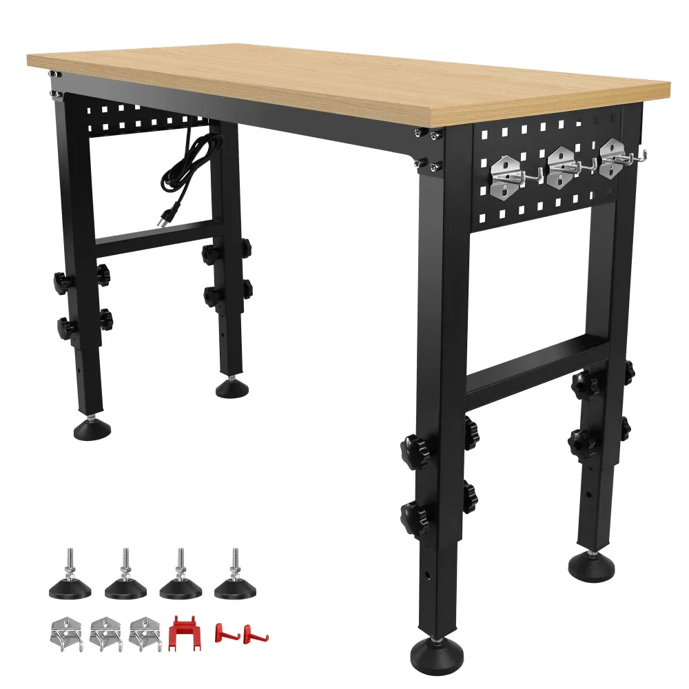 48/60/72 Inch Adjustable Workbench with Power Outlet,  Heavy-Duty Hardwood Worktable with Universal Wheels for Workshop Garage