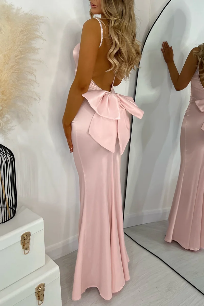 Robe longue en satin rose pour femme, élégante, dos nu, nœud, bretelles spaghetti, cocktail, mariage, invité, mince, batterie, sexy