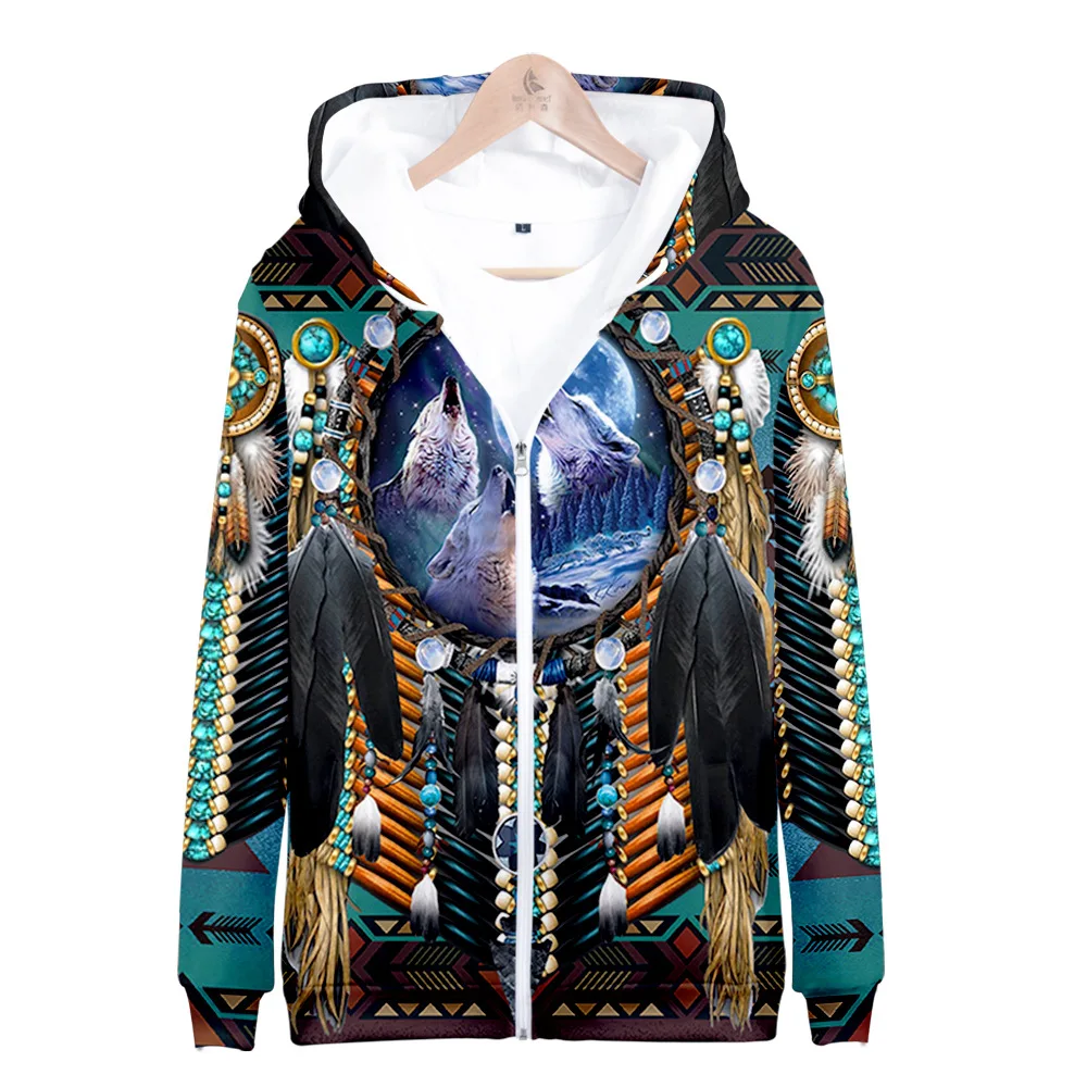 2026 New Native American 3D Digital Printing Perimeter Trend Casual Men's and Women's Hooded Zipper Sweater L