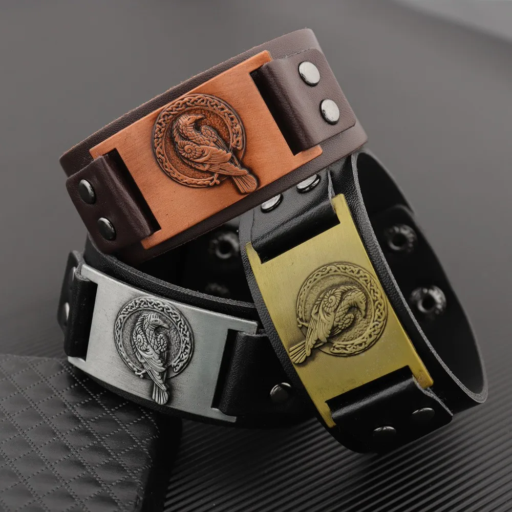 Vintage Nordic Rune Viking Crow Bracelet Charming Men\'s Leather Bracelet New Fashion Hip Hop Punk Jewelry Accessories Party Gift