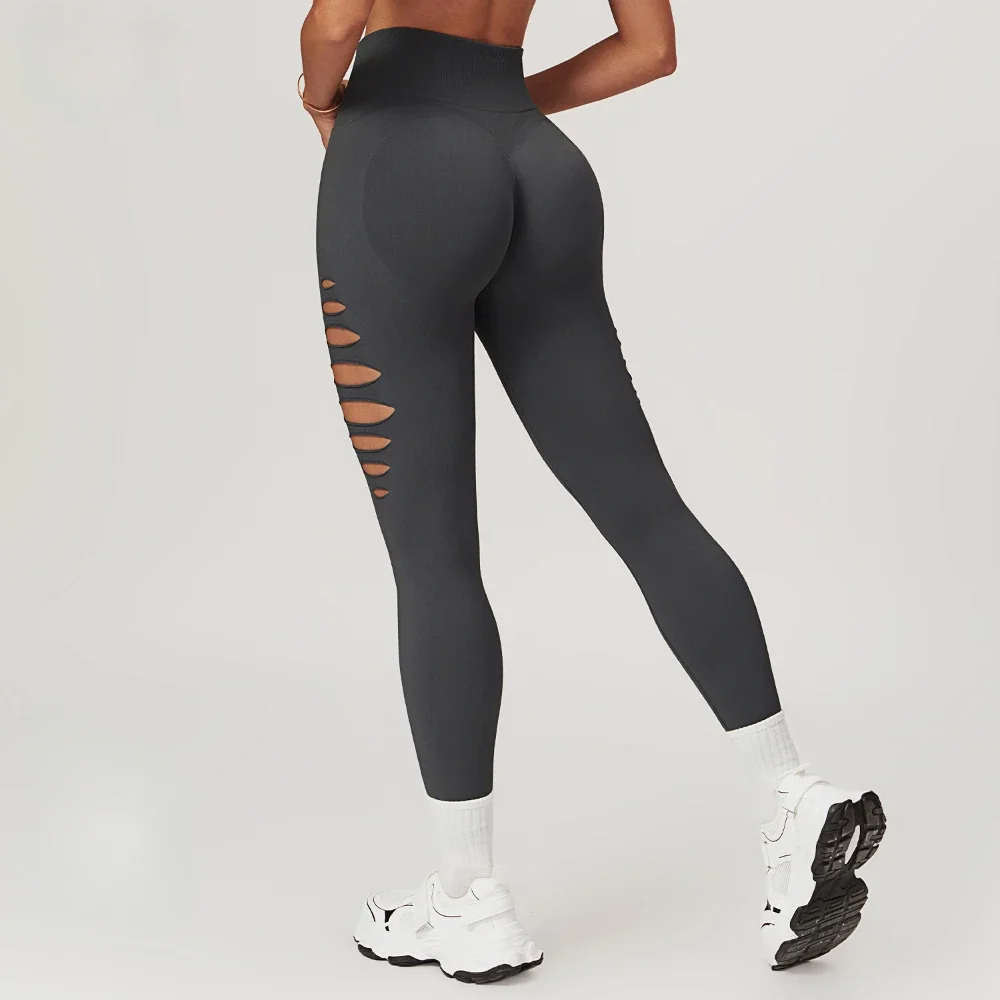 Custom LOGO women's hollowed-out seamless tight yoga pants peach hip high waist fitness running sports trousers