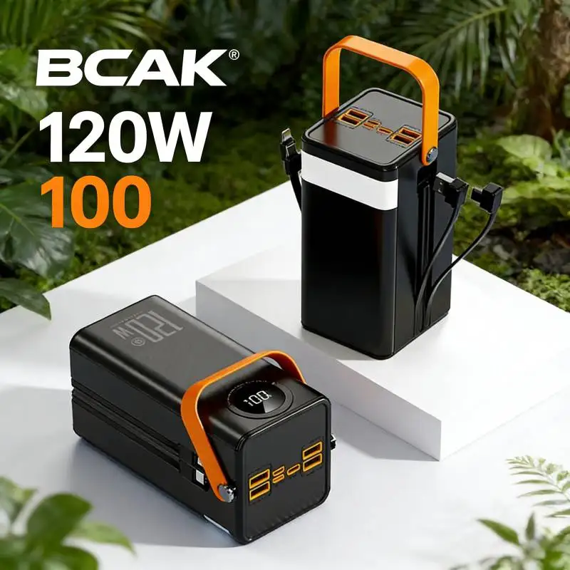 BCAK 50000mAh High-Capacity Power Bank | 120W Super Fast Charging Built-in Cables & LED Light | Portable Outdoor Camping Charger
