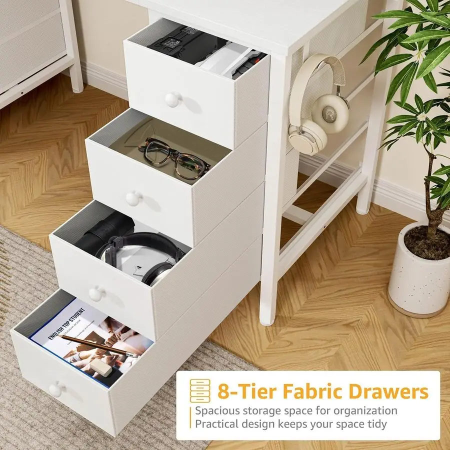 White Computer Desk with Drawers on Both Sides for Home Office, 55 inch Girls Teens Desks with Storage Writing Study Table for B