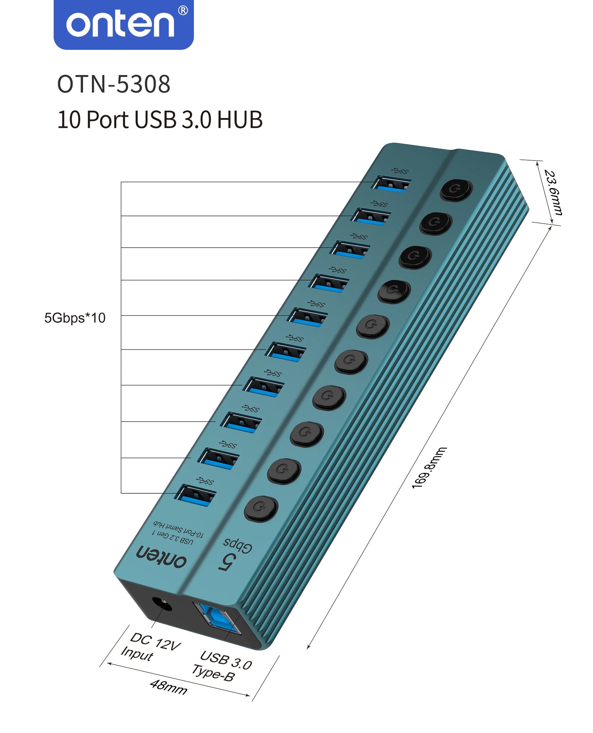 Imagem -03 - Hub Onten-usb 3.0 com Interruptores de Alimentação Individuais Otn5308 Original 10 Port