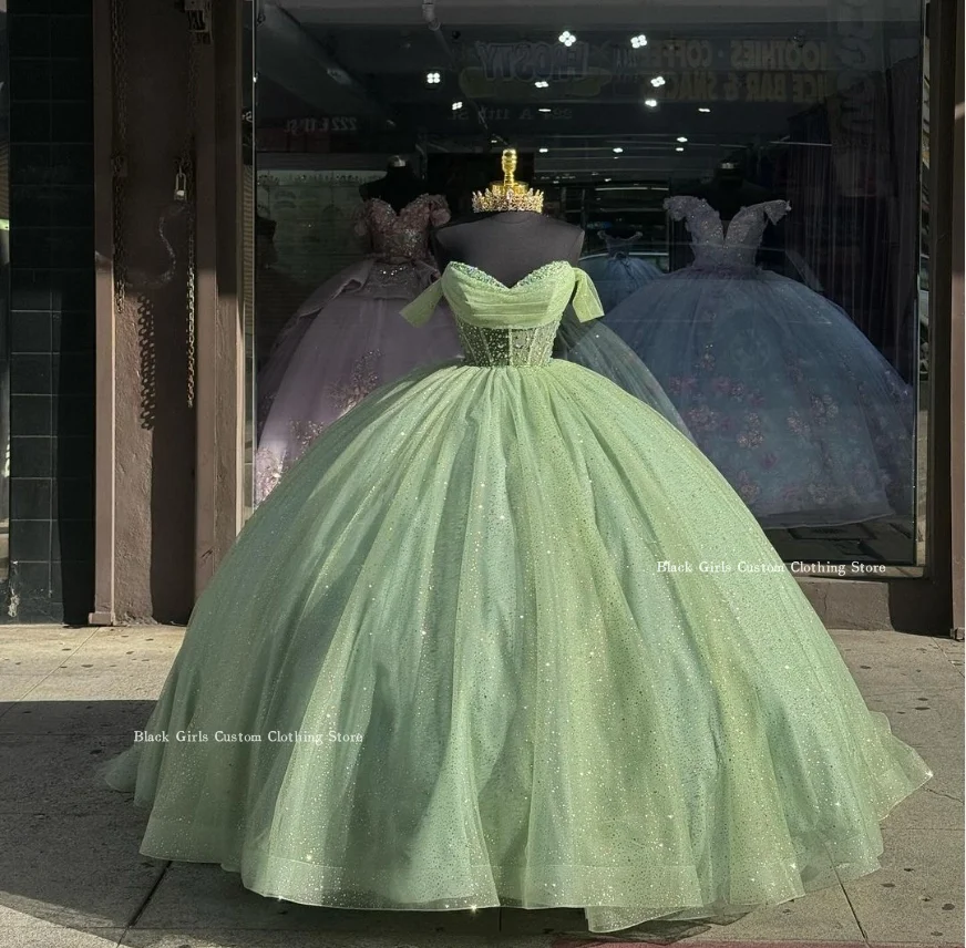 

Princess Sheath 15 Quinceanera Dresses Sparkling Soft Green Tulle Sweetheart A-Line Corset Prom Dresses vestidos Custom