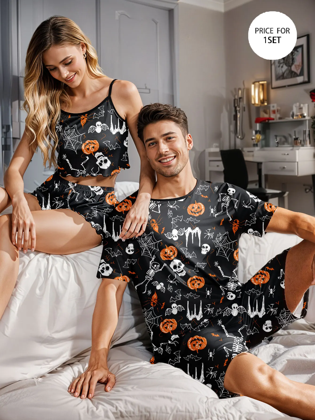 Women's Pajama Loungewear Set, Halloween-Themed Fun Print Camisole + Shorts Loungewear, 1 Top + 1 Pair of Pants, Suitable as a Halloween Gift