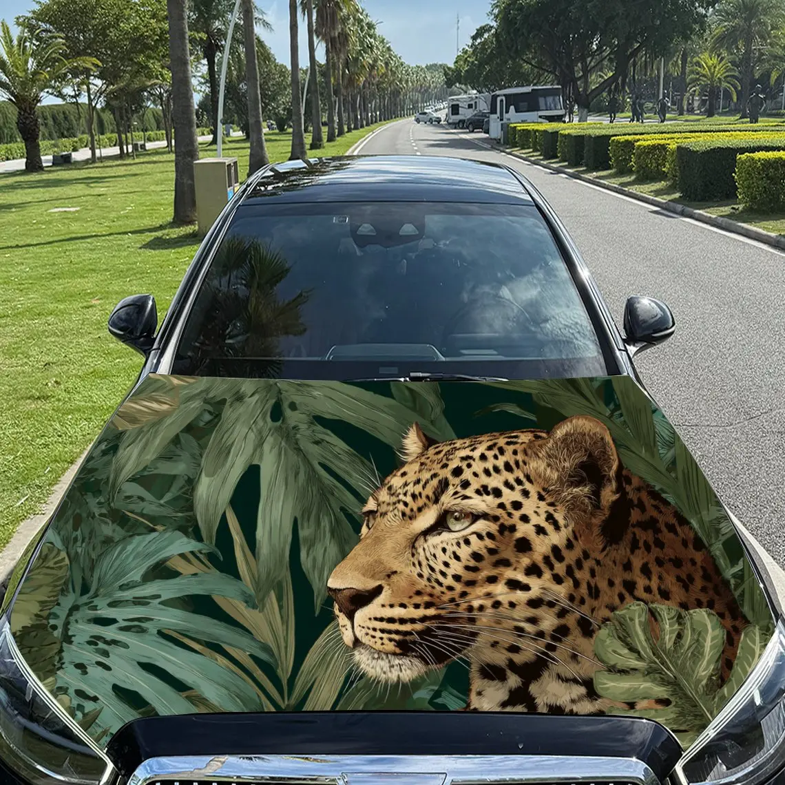 

Car Decal Leopard with Lush Green Tropical Foliage Artistic Background & Wild-Natural Aesthetic Car Hood Sticker, Waterproof Sel