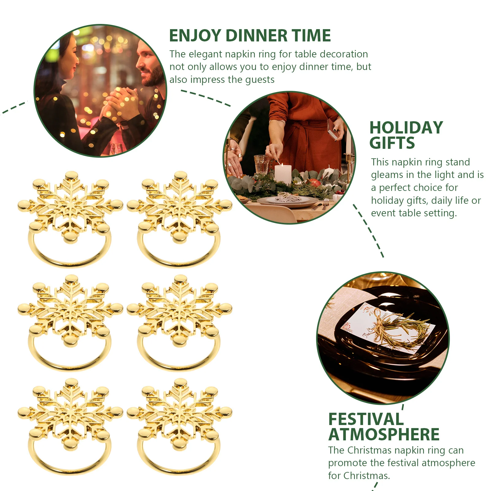 

6Pcs Napkin Rings Christmas Premium Alloy Gold Dining Table Decor for Xmas Party Home Restaurant Use Christmas Napkin Buckle