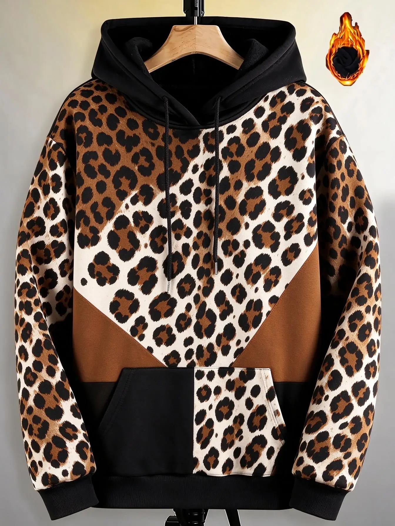 Men's Hoodie Thin Autumn Winter Multi Tone Leopard Print Splice Pattern Hoodie Loose Fit Wild Fashion Street Style Men's Clothes