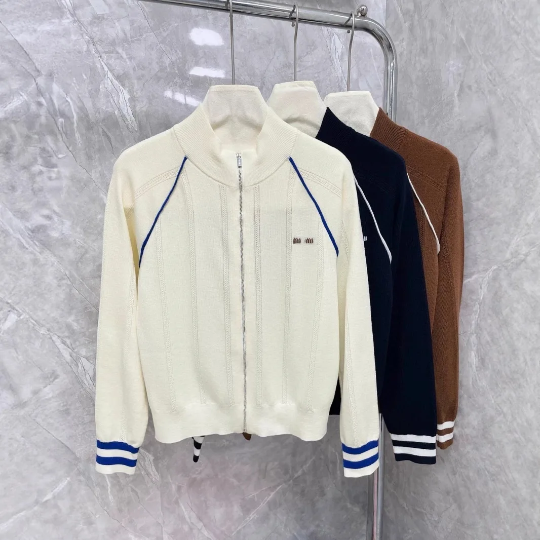 

Элегантный женский вязаный кардиган на молнии с воротником-стойкой и вертикальными полосками, осенне-весенний, повседневный, в университетском стиле