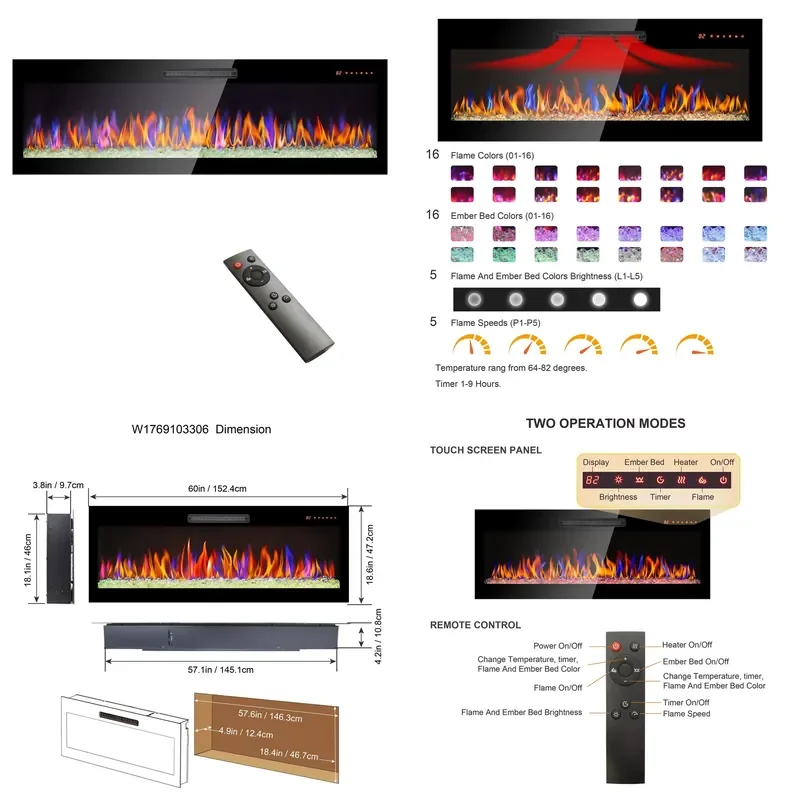 DB 60 Inch Ultra Thin Electric Fireplace Recessed Wall Mount Tempered Glass Remote Control Multi Color Flame Model