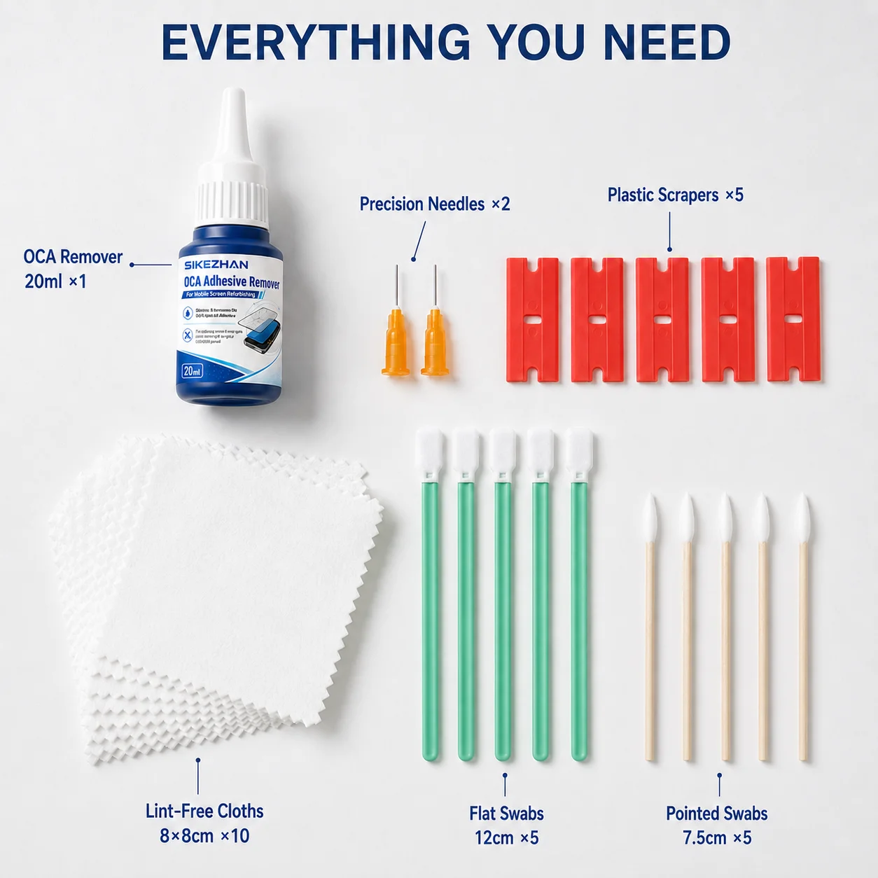 OCA Adhesive Remover 20ml Liquid Tools Kit 5 Scrapers 10 Wipes 10 Swabs Needles for Mobile Phone LCD Screen Repair Refurbishing