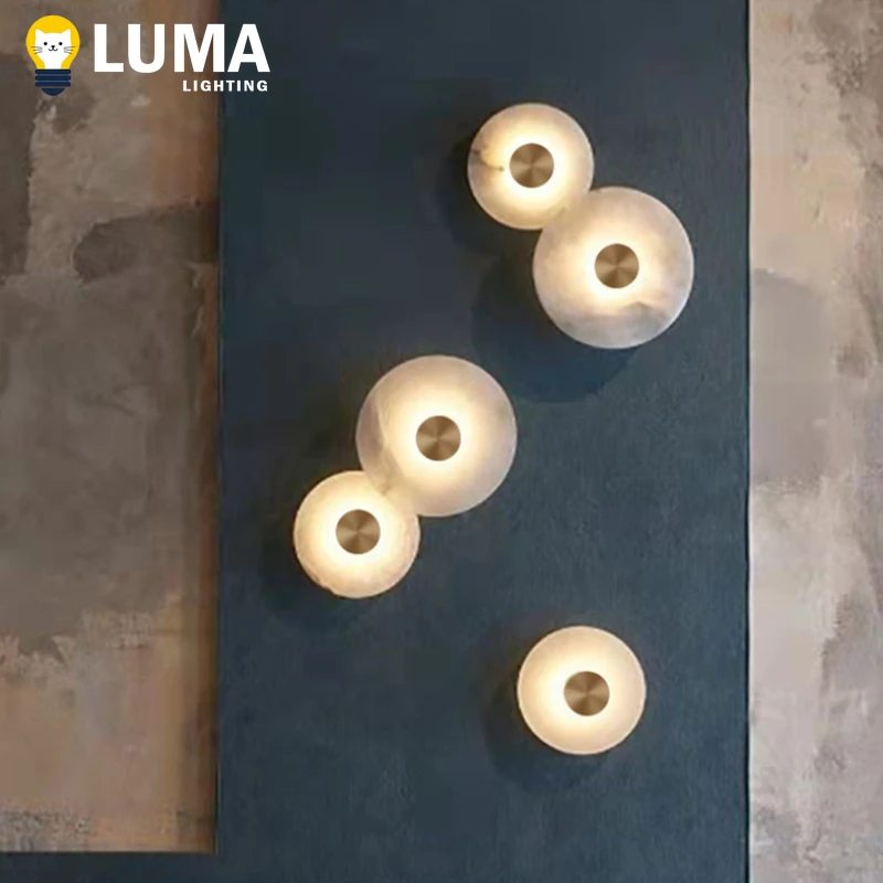 Luma Natural Alabaster Stone LED Wall Lamp, Round Marble Copper Sconce Light for Foyer TV Background Bedside Staircase Decor