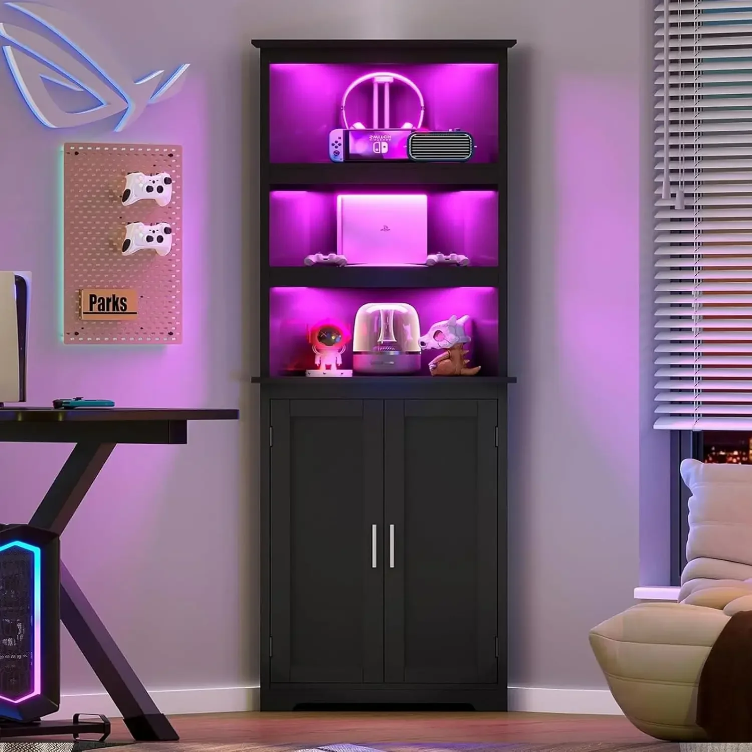 Gothic Corner Storage Cabinet With Led Lights Five Tier Bathroom Cabinet For Living Dining Room Black