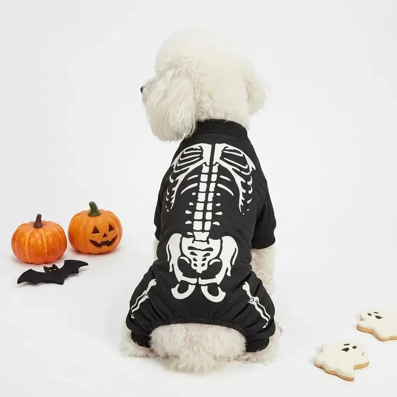 Halloween Dark Skeleton Dog Four Leg Jumpsuit Black Bone Skeleton Bodysuit Pet Onesie Pajama Outfit For Small Medium Dogs Cats