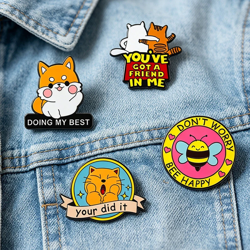 Cute Animal Enamel Brooches Lapel Pins Doing My Best Dog You Do It Cat Be Happy Bee Cartoon Badge Punk Jewelry Gift For Friends