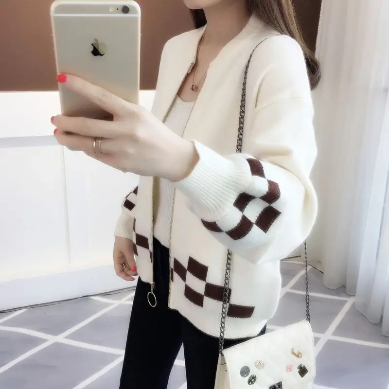 2023 Spring and Autumn Korean Fashion Women's Clothin Round Neck Short Knitted Cardigan Zipper Loose Lantern Sleeve Sweater Coat