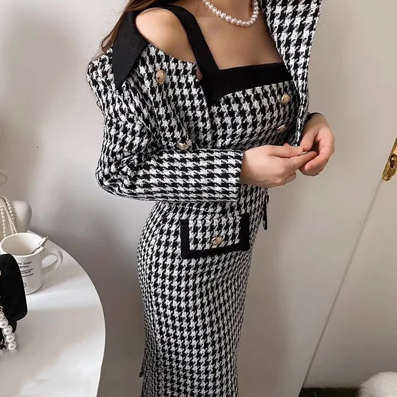 Korean Chic Slim Strap Vintage Suspended Dress Autumn Retro Small Fragrant Short Style Thousand Bird Plaid Coat 2024 Crop Tops