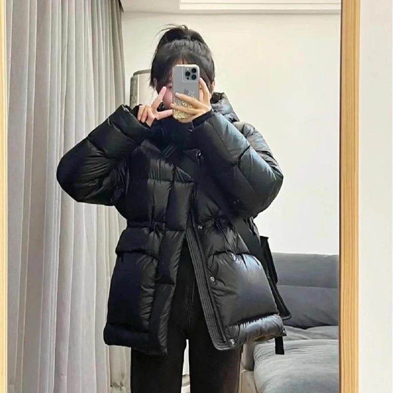 Winter Women\'s Down Coat Waisted Hooded Windproof and Warm Design 2024 New High-grade Black Gold Glossy Down Coat Casual Parka