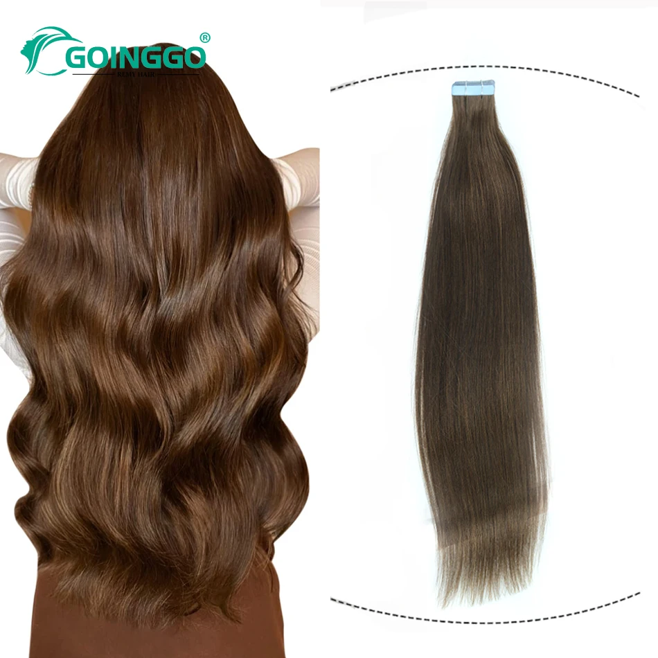 Goinggo Color 4 Straight Tape In Human Hair Extensions For Women Chocolate Brown Light Brown Extension Hair 20Pcs/Set 12-26Inch