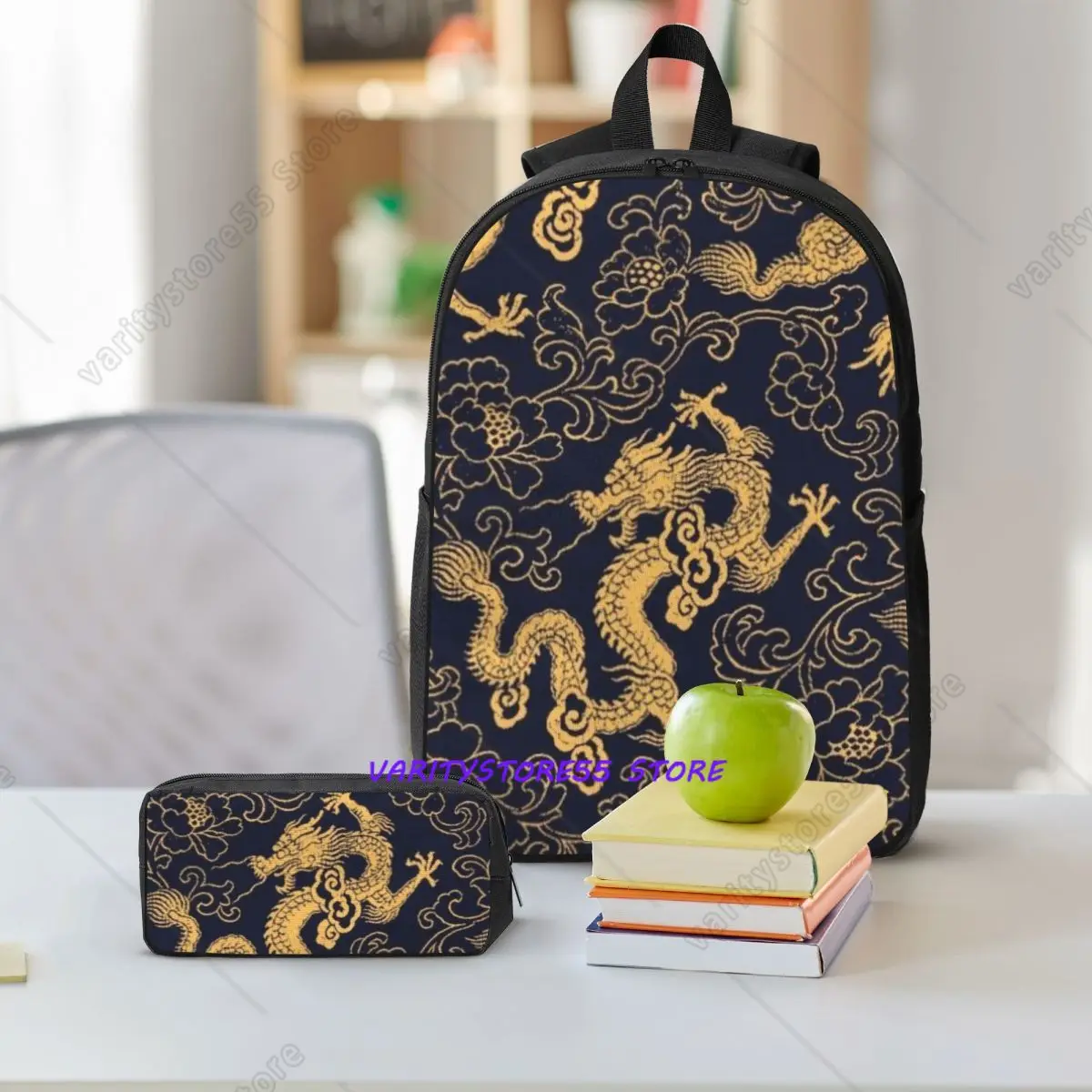 Chinese Traditional Golden Dragon Backpack Boys Girls BookBag School Bag Shoulder Bags 3ps Insulated Lunch Bag Pencil Case